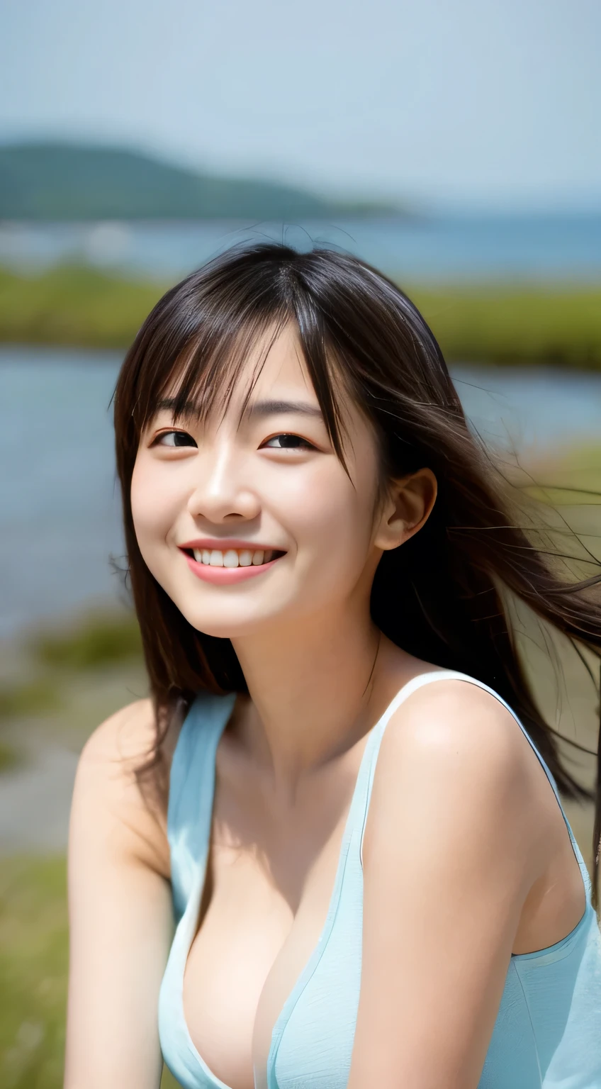 masterpiece,best quality,(Japanese ),((Beautiful girl)),cleavage,(perfect body beauty:1.2),(shy smile),beautiful teeth,(seaside),