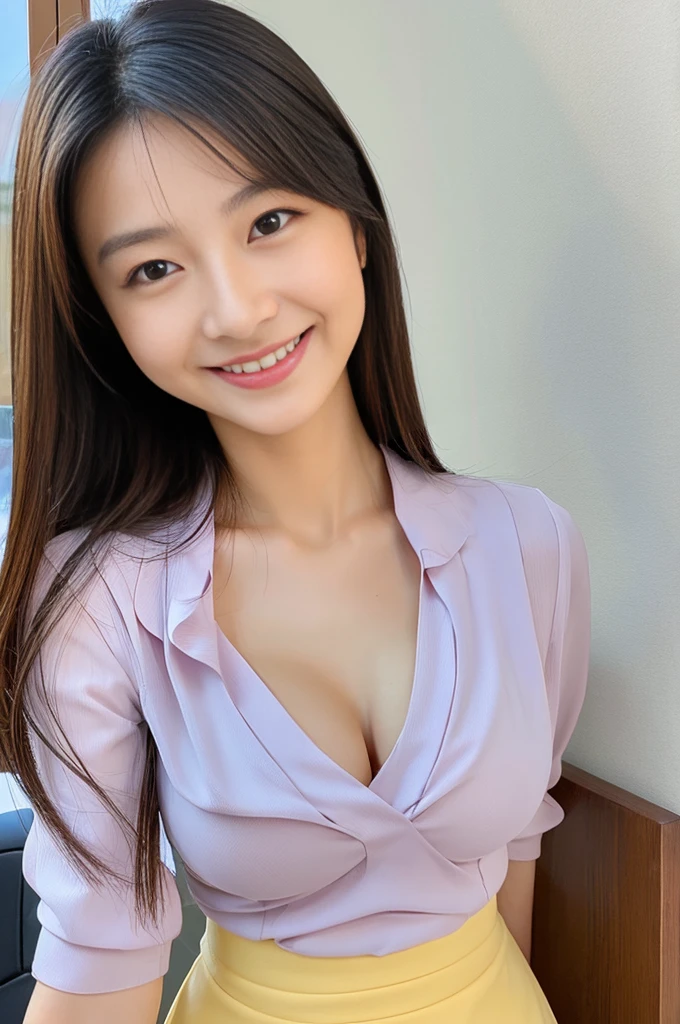 ((Highest quality)), ((masterpiece)), (detailed),Perfect Face,Japanese,Fair skin, Upper Body skirt Long Hair Office Lady Women's Ana Style smile Cleavage blouse Mature Woman
