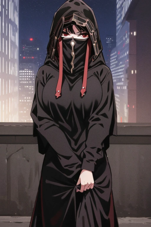 NNAssassinFSF, 1girl, solo, large breasts, black hair, red eyes, long sleeves, dress, hood, black dress, black cloak, hood up, black robe, covered mouth, hooded cloak, ((masterpiece,best quality)) cowboy shot, city, park, night