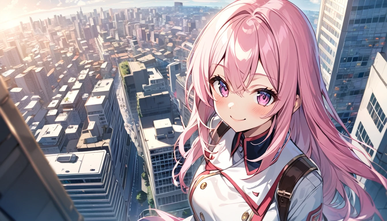 Anime girl in uniform,Long Pink Hair,City,smile