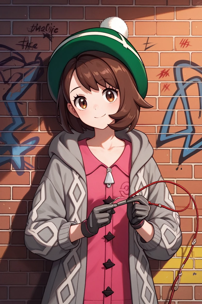 high resolution, Very detailed, perfect lighting, beautiful detailed eyes, ((masterpiece,Best Quality)), absurdities, smile, Alone, gloria (pokemon), Alone, smile, looking at the viewer, green hat, gray cardigan, hooded cardigan, Knitting cable, pink dress, zipper, Gloves without fingers, multiple belts, bright clothes, (graffiti:1.2), brick wall, (very very very very big tits) (prominent nipples)