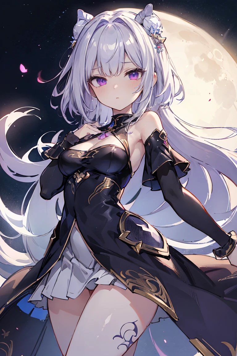 1girl, アニメ, cute girl, blank background, white background, fantasy, detailed fantasy dress with highlights, beautiful face, beautiful eyes, dark colors, black hair with multicolor streaks, red eye with different color pupil in eye, multicolor eye, medium breasts, slight cleavage, beautiful skin, cute, breast curtains, extremely delicate and beautiful, (beautiful detailed face:1.0), (detailed deep eyes), symmetrical breasts, deep eyes, shiny skin, portrait, slender waist, hips wider than shoulders, thighs, expressionless, young girl, luminous eyes, adorable，（Kpop idol）,（aegyo sal：1），（Platinum blonde hair：1），（（puffy eye）），Black panty，sexy posture，Superskirt, Ultra-high resolution，Black collar，slim figure, Abdominal y tattoo, womb tattoo，Tight-fitting leg ring，y tattoo on half-body，Bare skin, Armored hand，Hidden fingertips，Hand covered，Arm covered，Fist covered,{{beautiful detailed fingers}}, tufts of hair, moderate beautiful breast:1.0,(masterpiece:1.2), best quality, high-res, HDR, perfect face, intricate armor, delicate blue filigree, intricate filigree, red metalic parts, detailed part, dynamic pose, dynamic lights, cute face, neutral expression, shuimobysim, lotus, Hanfu, maxi skirt, dress conservatively 1girl, 独奏, long blue hair, standing, One lady,14years,((White hair) ,(Shiny purple bodysuit with microskirt),((Fantasy, Moon Night)), gradient_eyes,