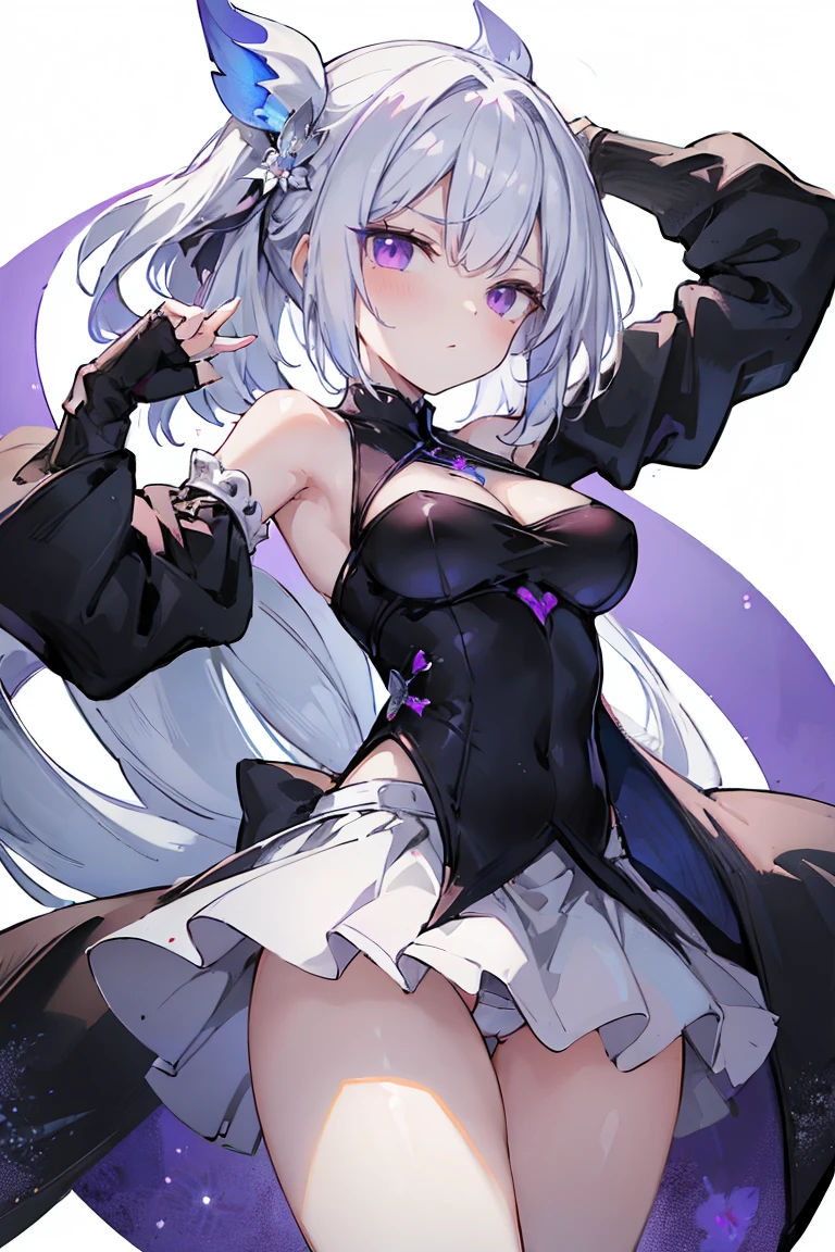 1girl, アニメ, cute girl, blank background, white background, fantasy, detailed fantasy dress with highlights, beautiful face, beautiful eyes, dark colors, black hair with multicolor streaks, red eye with different color pupil in eye, multicolor eye, medium breasts, slight cleavage, beautiful skin, cute, breast curtains, extremely delicate and beautiful, (beautiful detailed face:1.0), (detailed deep eyes), symmetrical breasts, deep eyes, shiny skin, portrait, slender waist, hips wider than shoulders, thighs, expressionless, young girl, luminous eyes, adorable，（Kpop idol）,（aegyo sal：1），（Platinum blonde hair：1），（（puffy eye）），Black panty，sexy posture，Superskirt, Ultra-high resolution，Black collar，slim figure, Abdominal y tattoo, womb tattoo，Tight-fitting leg ring，y tattoo on half-body，Bare skin, Armored hand，Hidden fingertips，Hand covered，Arm covered，Fist covered,{{beautiful detailed fingers}}, tufts of hair, moderate beautiful breast:1.0,(masterpiece:1.2), best quality, high-res, HDR, perfect face, intricate armor, delicate blue filigree, intricate filigree, red metalic parts, detailed part, dynamic pose, dynamic lights, cute face, neutral expression, shuimobysim, lotus, Hanfu, maxi skirt, dress conservatively 1girl, 独奏, long blue hair, standing, One lady,ars,((White hair) ,(Shiny purple bodysuit with microskirt),((Fantasy, Moon Night)), gradient_eyes,