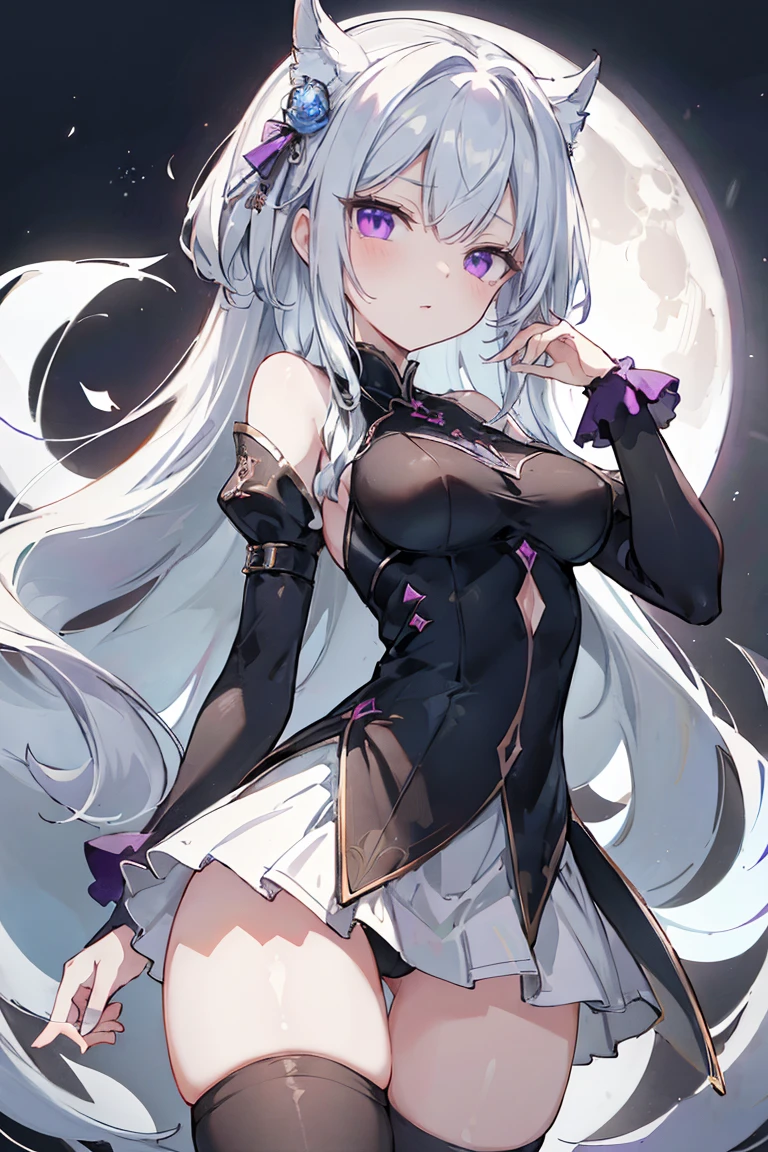 1girl, アニメ, cute girl, blank background, white background, fantasy, detailed fantasy dress with highlights, beautiful face, beautiful eyes, dark colors, black hair with multicolor streaks, red eye with different color pupil in eye, multicolor eye, medium breasts, slight cleavage, beautiful skin, cute, breast curtains, extremely delicate and beautiful, (beautiful detailed face:1.0), (detailed deep eyes), symmetrical breasts, deep eyes, shiny skin, portrait, slender waist, hips wider than shoulders, thighs, expressionless, young girl, luminous eyes, adorable,(Kpop idol),(aegyo sal:1),(Platinum blonde hair:1),((puffy eye)),Black panty,sexy posture,Superskirt, Ultra-high resolution,Black collar,slim figure, Abdominal y tattoo, womb tattoo,Tight-fitting leg ring,y tattoo on half-body,Bare skin, Armored hand,Hidden fingertips,Hand covered,Arm covered,Fist covered,{{beautiful detailed fingers}}, tufts of hair, moderate beautiful breast:1.0,(masterpiece:1.2), best quality, high-res, HDR, perfect face, intricate armor, delicate blue filigree, intricate filigree, red metalic parts, detailed part, dynamic pose, dynamic lights, cute face, neutral expression, shuimobysim, lotus, Hanfu, maxi skirt, dress conservatively 1girl, 独奏, long blue hair, standing, One lady,14years,((White hair) ,(Shiny purple bodysuit with microskirt),((Fantasy, Moon Night)), gradient_eyes,
