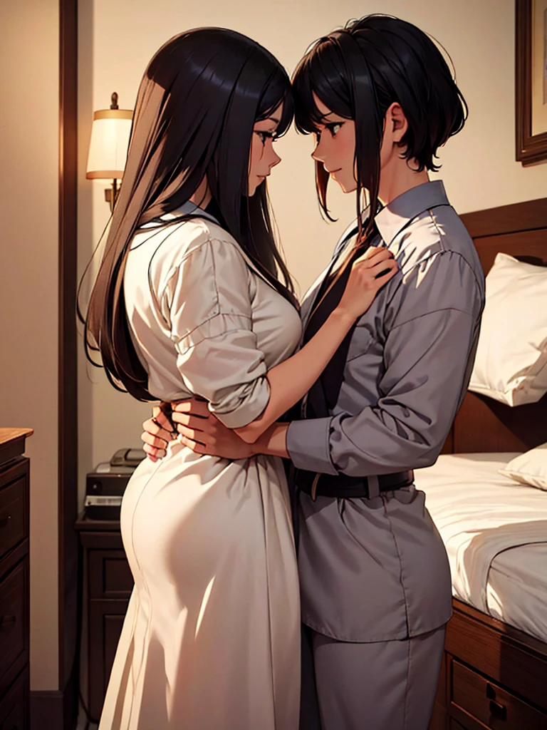 (masterpiece、top-quality、hight resolution), In a hotel room, a mature woman and a young man are facing each other in a serious conversation. The woman is a little nervous, but happy that her sexuality is enough to entice the man. The woman is giving the man final confirmation that he is her first sex partner. She says, "I'm an old lady in your eyes, is that OK? My first time is with an old lady like me..." The atmosphere of the room is cozy and private, emphasizing the importance of the moment and their emotional connection. nsfw, 30 years old