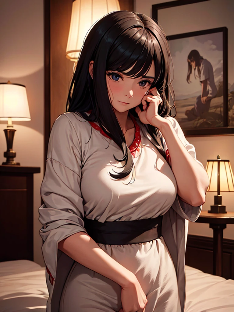 (masterpiece、top-quality、hight resolution), In a hotel room, a mature woman and a young man are facing each other in a serious conversation. The woman is a little nervous, but happy that her sexuality is enough to entice the man. The woman is giving the man final confirmation that he is her first sex partner. She says, "I'm an old lady in your eyes, is that OK? My first time is with an old lady like me..." The atmosphere of the room is cozy and private, emphasizing the importance of the moment and their emotional connection. nsfw, 30 years old
