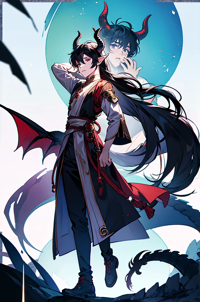 Boy with black horns black hair, eye white, long hair in the back and short in the front with dragon ears, poor clothes and dragon tail