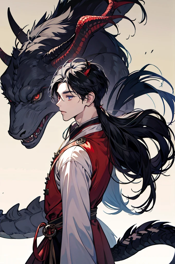 Boy with black horns black hair, eye white, long hair in the back and short in the front with dragon ears, poor clothes and dragon tail