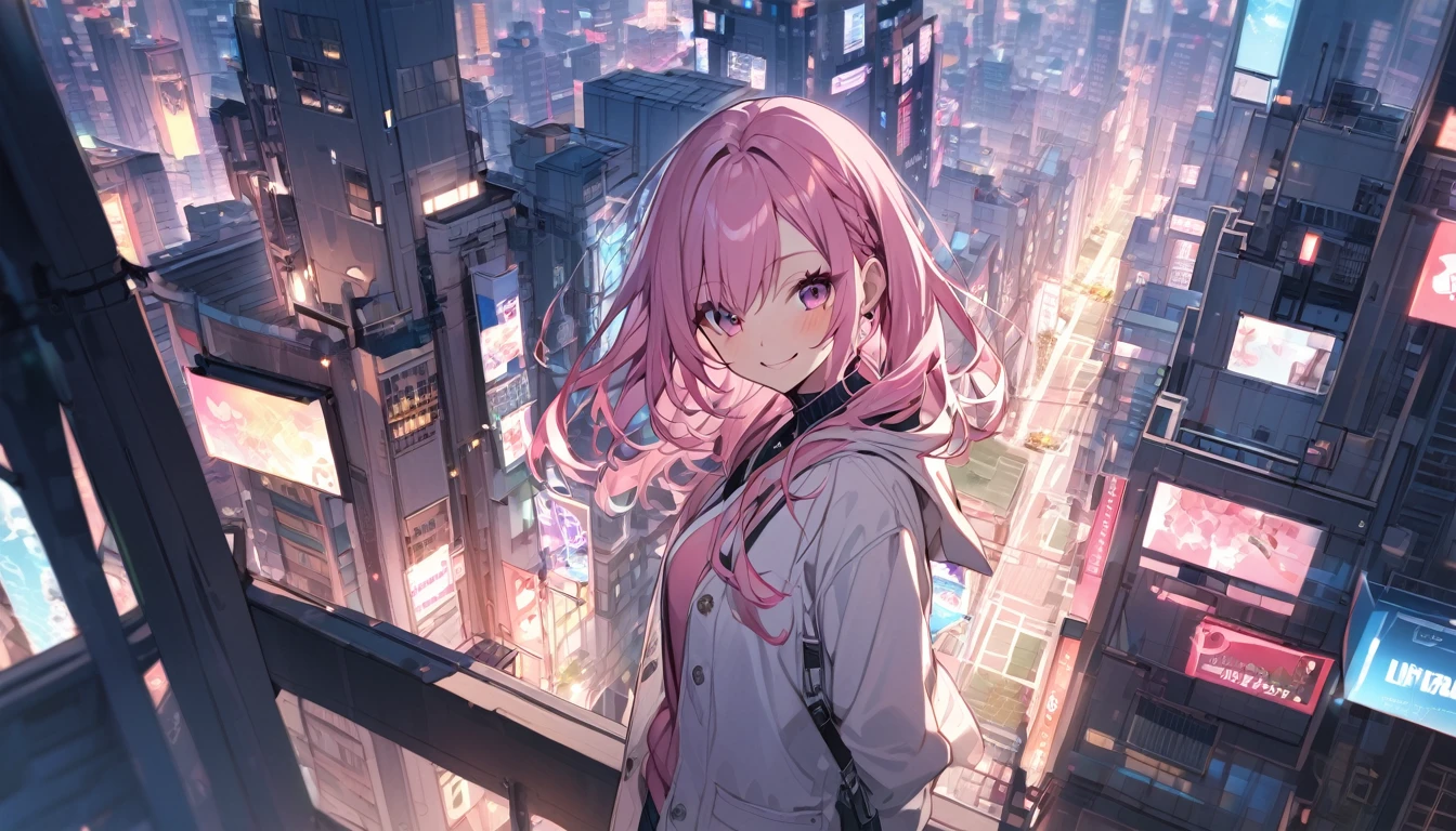high school girl,Long Pink Hair,City,smile