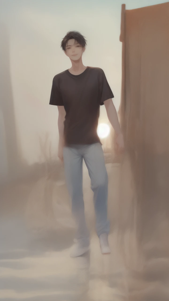 （absurderes，A high resolution，ultra - detailed，HDR），tmasterpiece，best qualtiy，1boy，solo，handsome，black color hair，Fine eyes and detailed face，forehead，（（Loose white T-shirt）），athletic sneakers，（Pale and white skin），looki at viewer，Ear stitching，，ssmile，sitting on a bench，Parking in the background，full-body view，the setting sun，evening light，Clouds，the woods，lake water