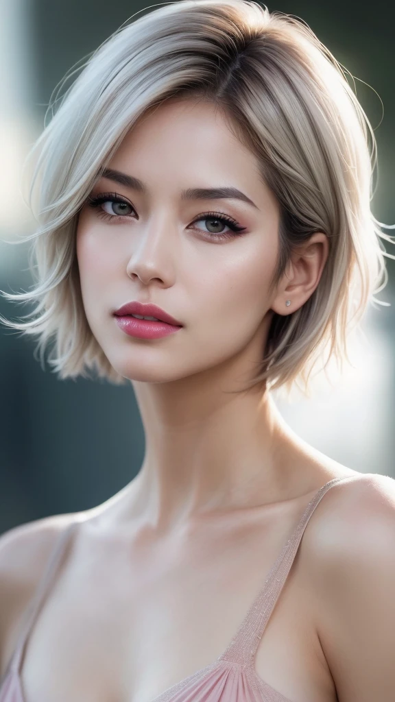 dressed, (photo realistic:1.4), (hyper realistic:1.4), (realistic:1.3), (smoother lighting:1.05), (increase cinematic lighting quality:0.9), 32K, 1girl,28yo girl, realistic lighting, backlighting, light on face, ray trace, (brightening light:1.2), (Increase quality:1.4), (best quality real texture skin:1.4), finely detailed eyes, finely detailed face, finely quality eyes, (tired and sleepy and satisfied:0.0), ((face closeup)), bikini, korean girl, (Increase body line mood:1.1), (Increase skin texture beauty:1.1), (light makeup, [pink lipstick], eyeliner), [Brown eyes], (side swept short hair, (with platinum color)), extremely detailed hair,