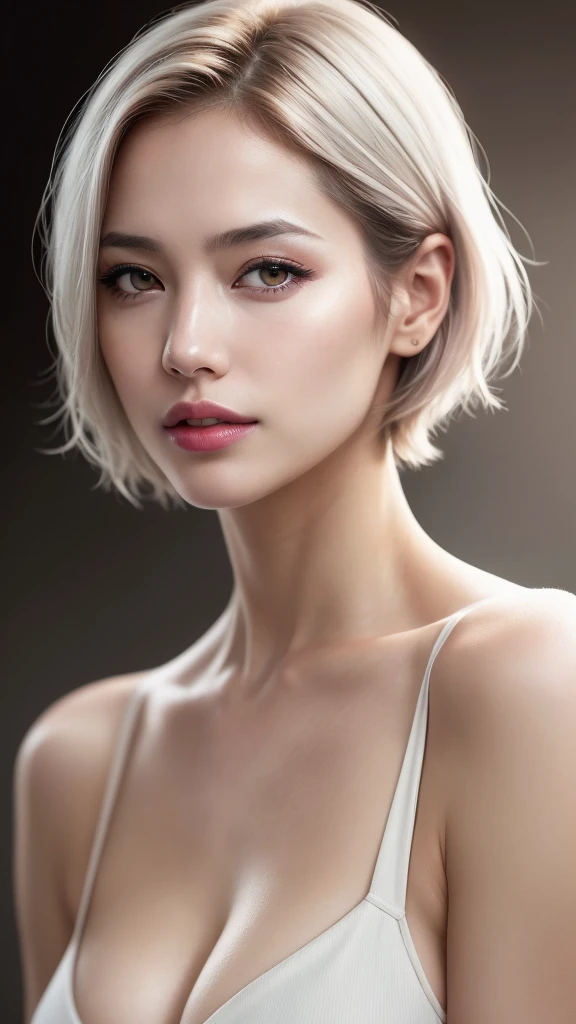 dressed, (photo realistic:1.4), (hyper realistic:1.4), (realistic:1.3), (smoother lighting:1.05), (increase cinematic lighting quality:0.9), 32K, 1girl,28yo girl, realistic lighting, backlighting, light on face, ray trace, (brightening light:1.2), (Increase quality:1.4), (best quality real texture skin:1.4), finely detailed eyes, finely detailed face, finely quality eyes, (tired and sleepy and satisfied:0.0), ((face closeup)), bikini, korean girl, (Increase body line mood:1.1), (Increase skin texture beauty:1.1), (light makeup, [pink lipstick], eyeliner), [Brown eyes], (side swept short hair, (with platinum color)), extremely detailed hair,