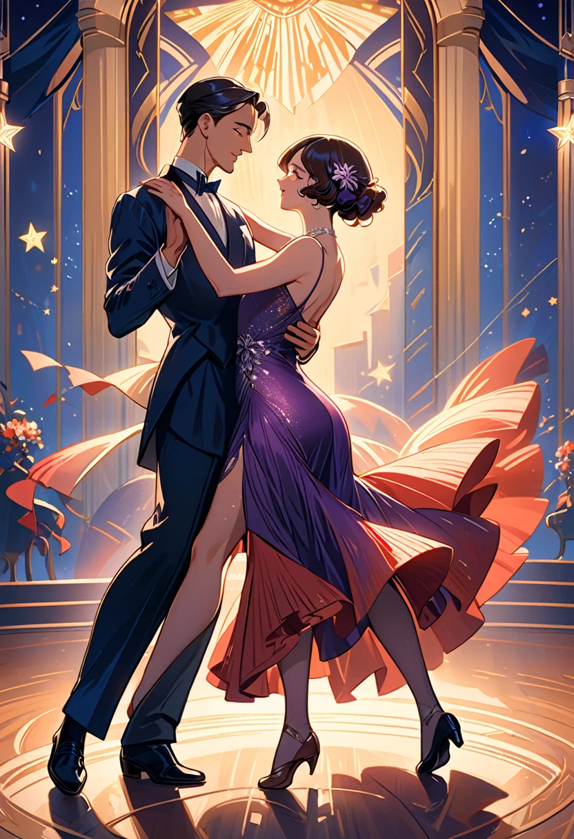 a man and woman dancing tango, art deco ballroom, 1920s, man facing forward, woman facing away from viewer, dancing the tango, woman is wearing a purple long tight dress, small stars are shining in the dark blue sky, detailed facial features, beautiful dress, formal attire, dramatic lighting, warm color palette, high-quality,