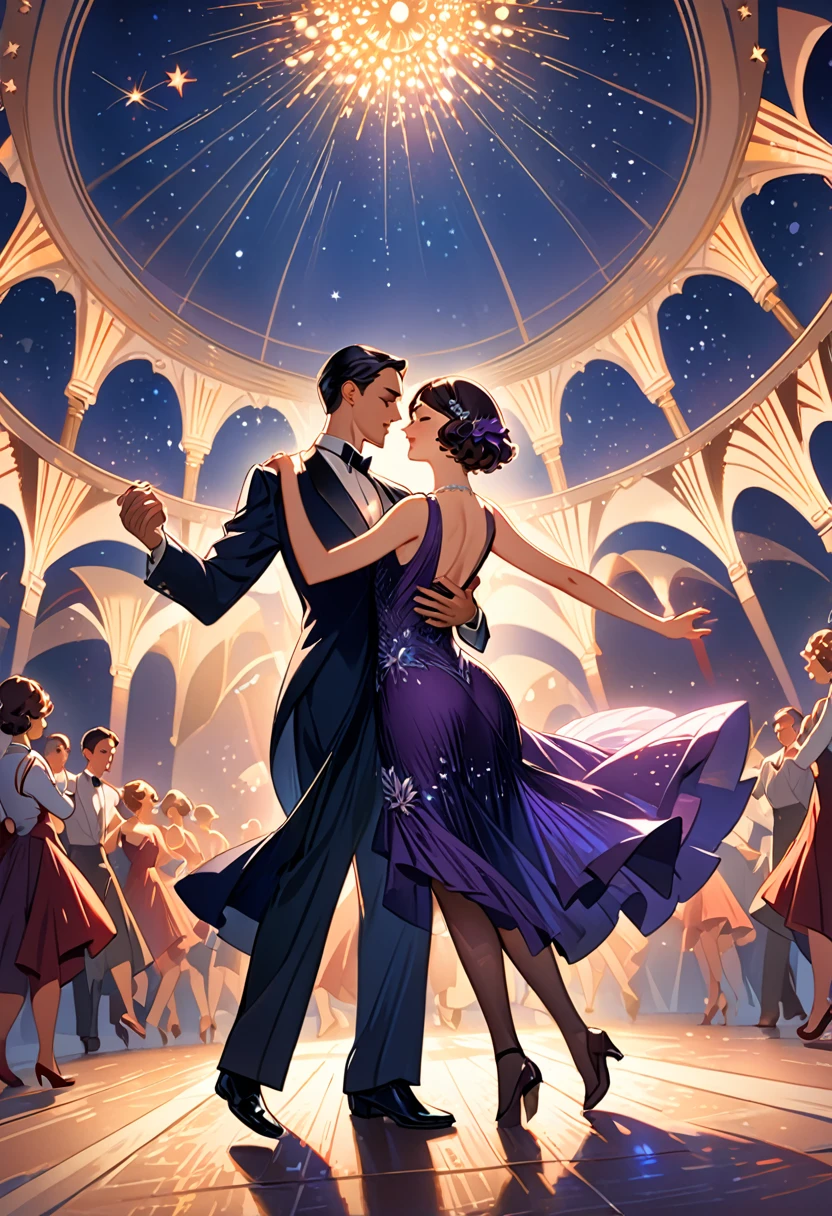 a man and woman dancing tango, art deco ballroom, 1920s, man facing forward, woman facing away from viewer, dancing the tango, woman is wearing a purple long tight dress, small stars are shining in the dark blue sky, detailed facial features, beautiful dress, formal attire, dramatic lighting, warm color palette, high-quality,