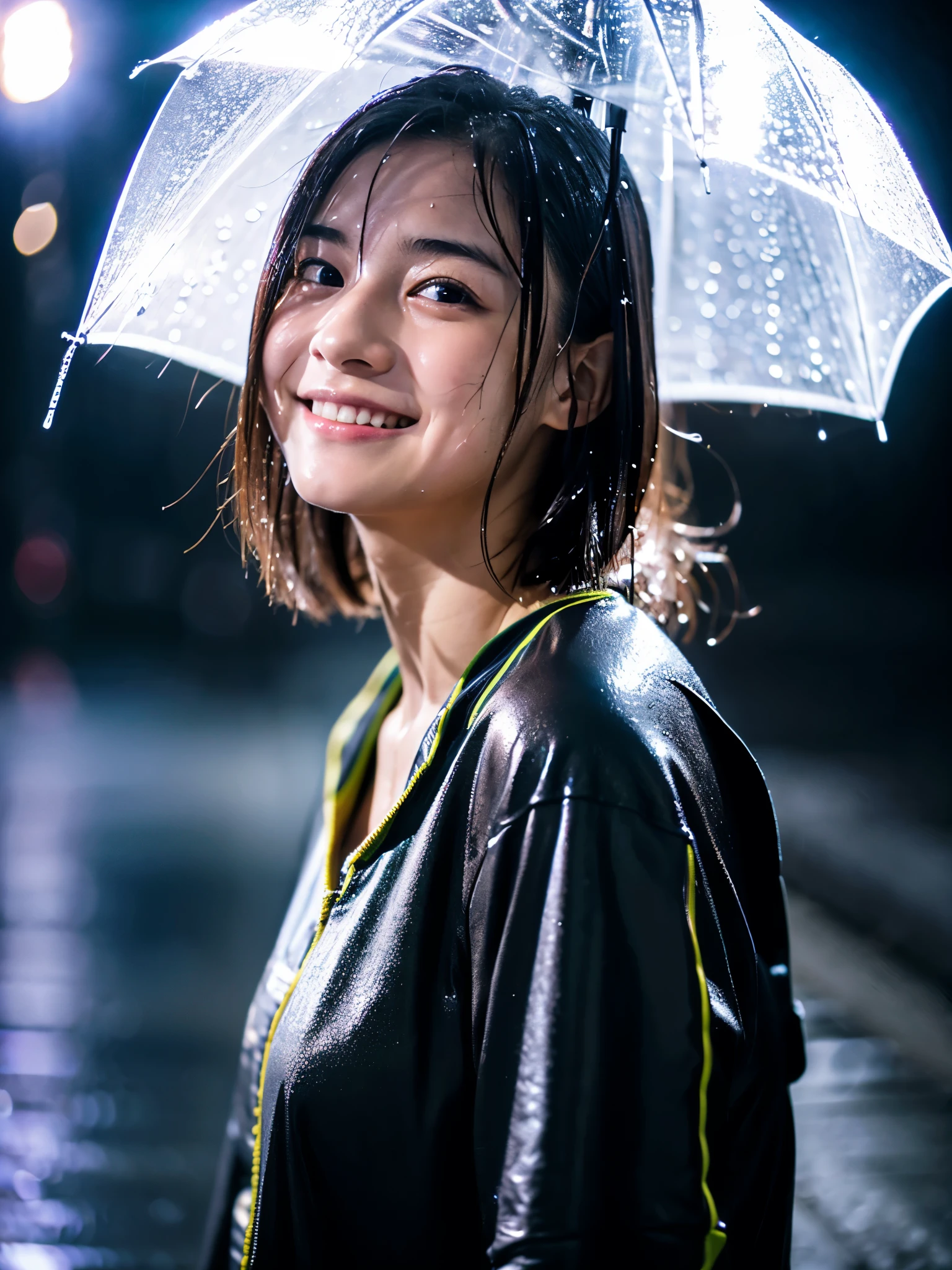 Wet roads ,drenched, Dripping, Wet Face,Wet clothes, Wet Skin, Wet Hair,A young woman with a cute face like a Japanese idol,Smile a little,Looking up at the rainy sky,chest,((Cinema lighting),(Natural light),(High level of artistry),(Artistic),(Quality indistinguishable from real life),RAW Photos,Genuine,Genuine,High resolution,RAW Photos,masterpiece, beautiful