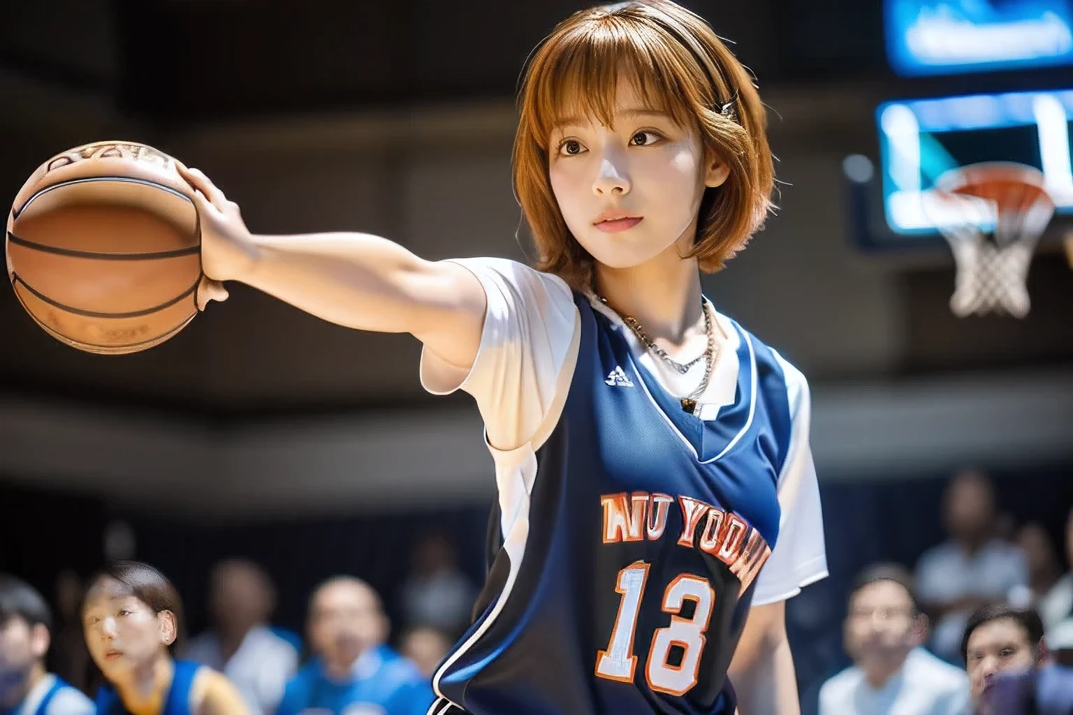 (During a basketball game in the gym:1.5)、(A beautiful profile without looking at the camera:1.5)、(An 18-year-old woman aiming for a shot:1.5)、(The best quality at its best:1.4), (Super detailed), (Very detailed CG unified 16k), Beautiful woman with perfect figure: 1.4, Sharp focus: 1.2, Very detailed, High-quality RAW color photos, Professional photography, Great face and eyes, cosmetics, (Amazingly beautiful girl), ((Basketball uniform:1.5)), Realistic movie faces, Full body long view from head to toe, Realistic, ((Realistic natural orange red hairstyle)), ( Short Bob Hair:1.5), (necklace:1.5)、, Very beautiful face, Perfect model beauty, Mouth swelling, Highly detailed face and skin texture, Fine grain, double eyelid, Medium chest, (masterpiece), Highest quality, High resolution, Very detailed, Blurred Background, Depth of written boundary, Cinema Lighting, Great legs, , Clear, well-maintained skin,((Full body shot from head to toe:1.5))