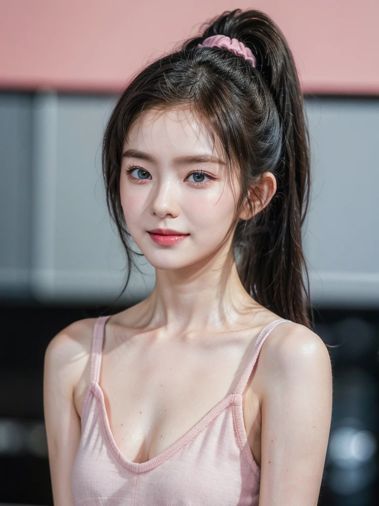 Best quality, masterpiece, detailed, RAW, 4k, hd images, 1 girl, white skin, long hair, ponytail, layers hair, bangs, black hair, beautiful girl, cute girl, sweet girl, pretty girl,perfect girl, pretty eyes, blue eyes, thin lips, pink lips, thin, perfect , potrait, glasses, at home, smile, , sport tank top