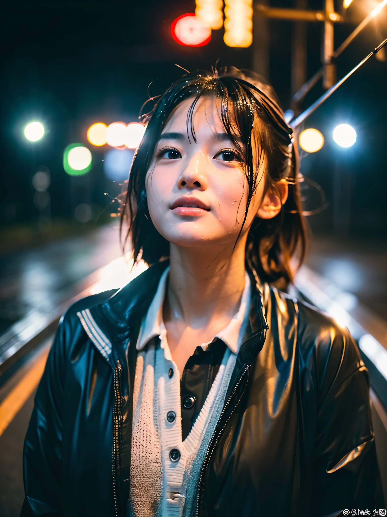 Wet roads ,drenched, Dripping, Wet Face,Wet clothes, Wet Skin, Wet Hair,A young woman with a cute face like a Japanese idol,Looking up at the rainy sky,chest,((Cinema lighting),(Natural light),(High level of artistry),(Artistic),(Quality indistinguishable from real life),RAW Photos,Genuine,Genuine,High resolution,RAW Photos,masterpiece, beautiful