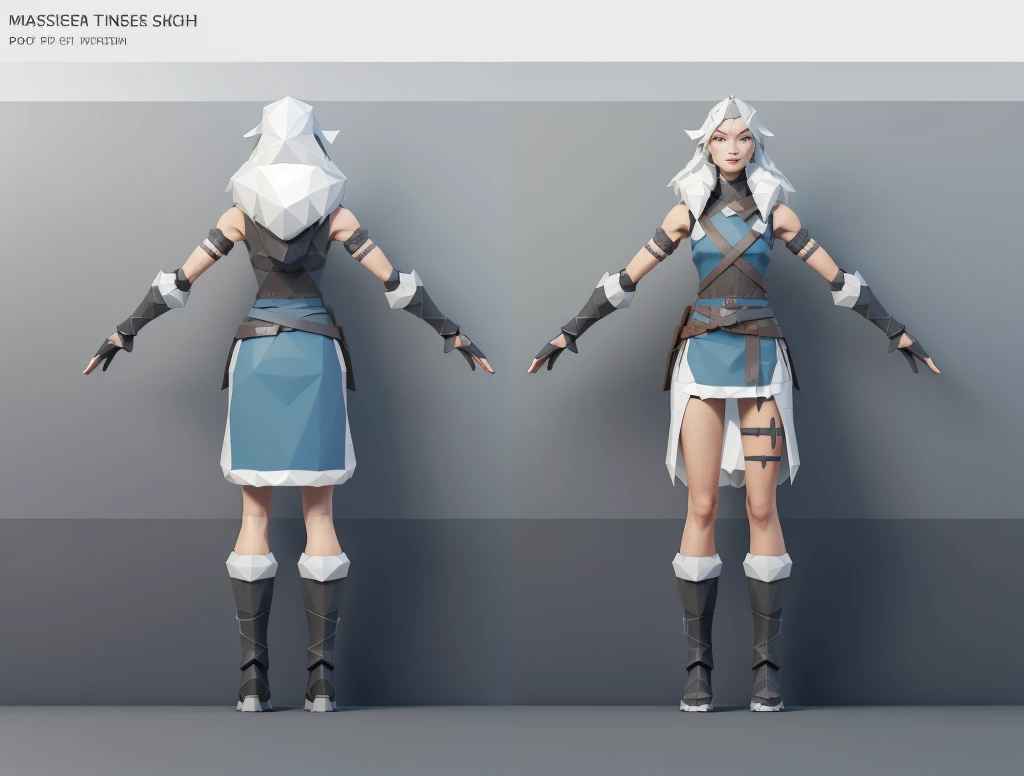(Masterpiece, best quality: 1.2), (Super detailed), (Illustration),(HDR:1) a close up of a Viking woman warrior wearing armor and fur coat with rune tattoos , low poly full body concept, low poly detailed full body concept, character model sheet turnaround, fullbody shot turnaround, concept character sheet, full body concept art, reference model sheet , full body concept art, PS1 style character, game character design, female, video game ps1 character concept, low poly detailed character design, character sheet, character model sheet turnaround , front and back, front and back, grey clean background, low poly 3D character, leather belt with leather knife bag, oceanblue cloth, blue hem with white fur, low poly art style, low polygon, ((low polygonal)), ((organic shapes and lines)), (((low poly art style))), perfect alignment, ((clear outline)), (((polygon skin texture))),3d render, ((PS1 graphics)), ray tracing, sharp focus, ((low poly face)), ((polygon shape))