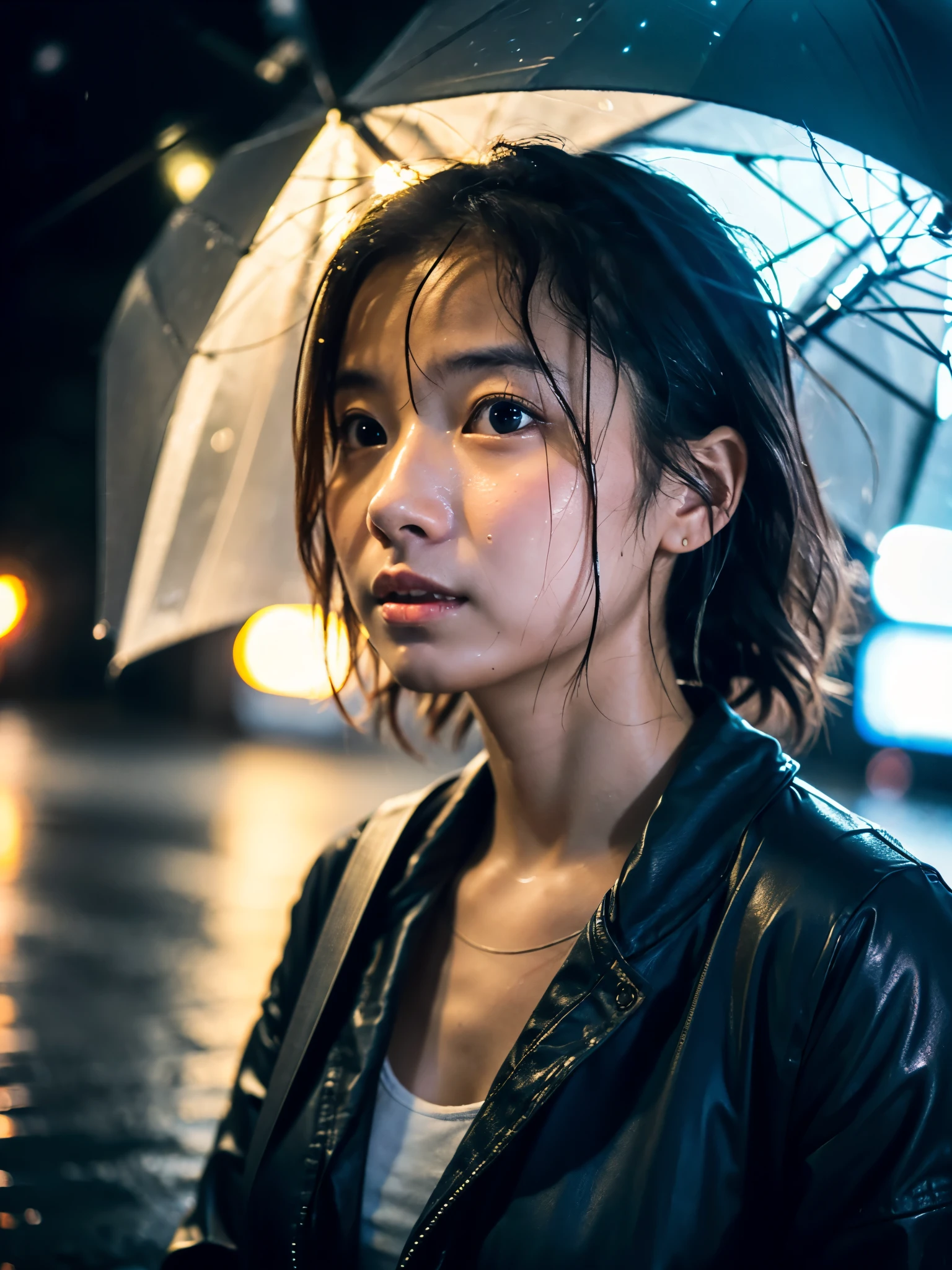 Wet roads ,drenched, Dripping, Wet Face,Wet clothes, Wet Skin, Wet Hair,A young woman with a cute face like a Japanese idol,Looking up at the rainy sky,chest,((Cinema lighting),(Natural light),(High level of artistry),(Artistic),(Quality indistinguishable from real life),RAW Photos,Genuine,Genuine,High resolution,RAW Photos,masterpiece, beautiful