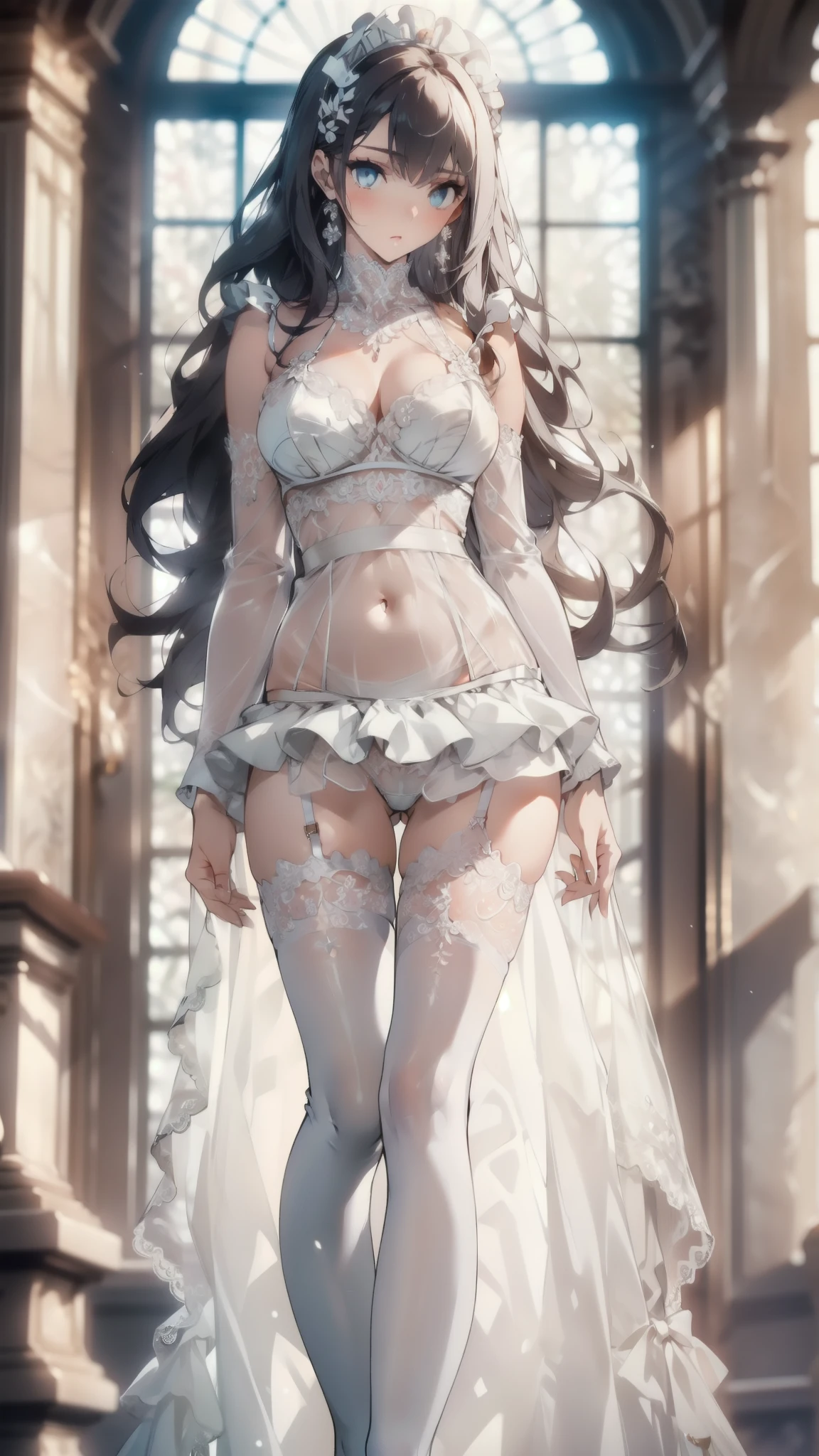 ((masterpiece, best quality)), Delicate face,Maid,White Tiger,whole body,Long legs,Large Breasts,Gradient long wavy hair,Perfect body proportions,beautiful eyes,Extremely beautiful,transparent, Pure white background,Erotic_lingerie,Nude,Lace,Garter stockings