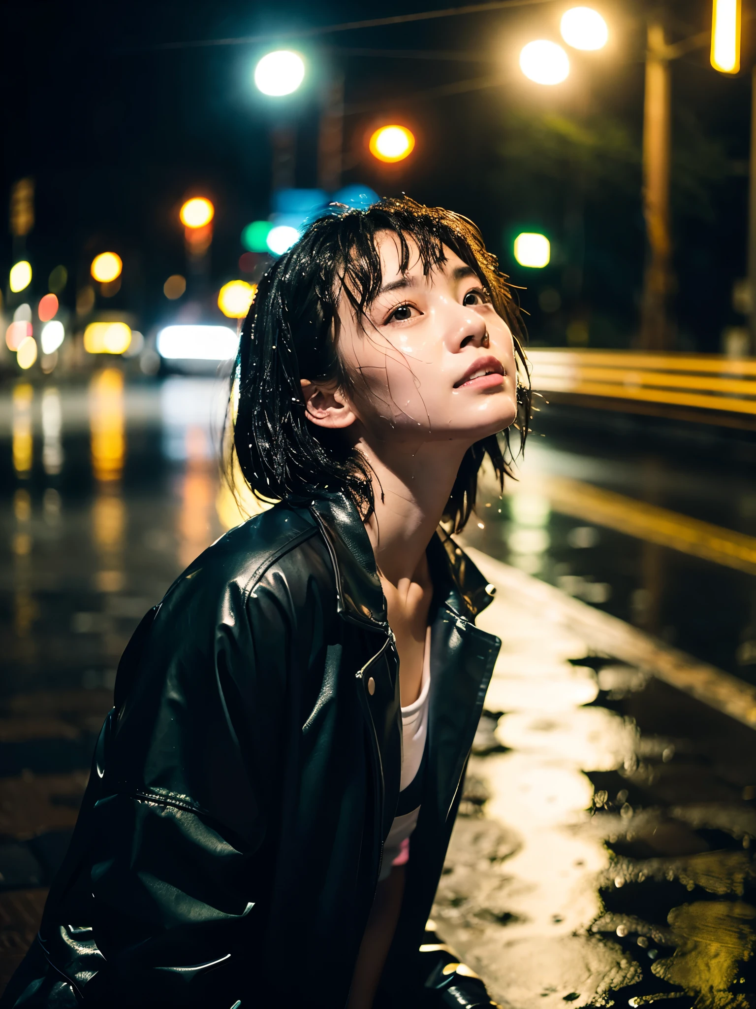 Wet roads ,drenched, Dripping, Wet Face,Wet clothes, Wet Skin, Wet Hair,A young woman with a cute face like a Japanese idol,Looking up at the rainy sky,chest,((Cinema lighting),(Natural light),(High level of artistry),(Artistic),(Quality indistinguishable from real life),RAW Photos,Genuine,Genuine,High resolution,RAW Photos,masterpiece, beautiful