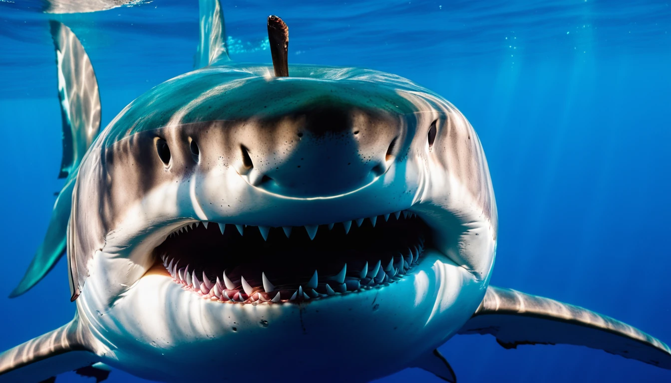 Photo of an apple:1 AND photo of a shark from the front, front view:1