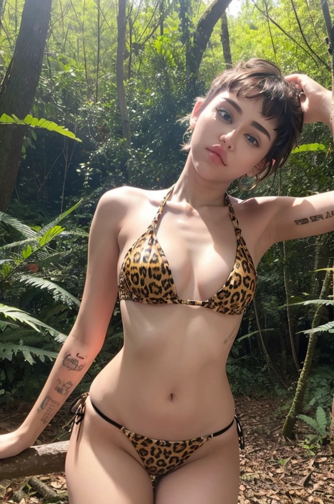 Miley Cyrus, beautiful, busty, wearing a leopard print bikini, poses sexy in the forest