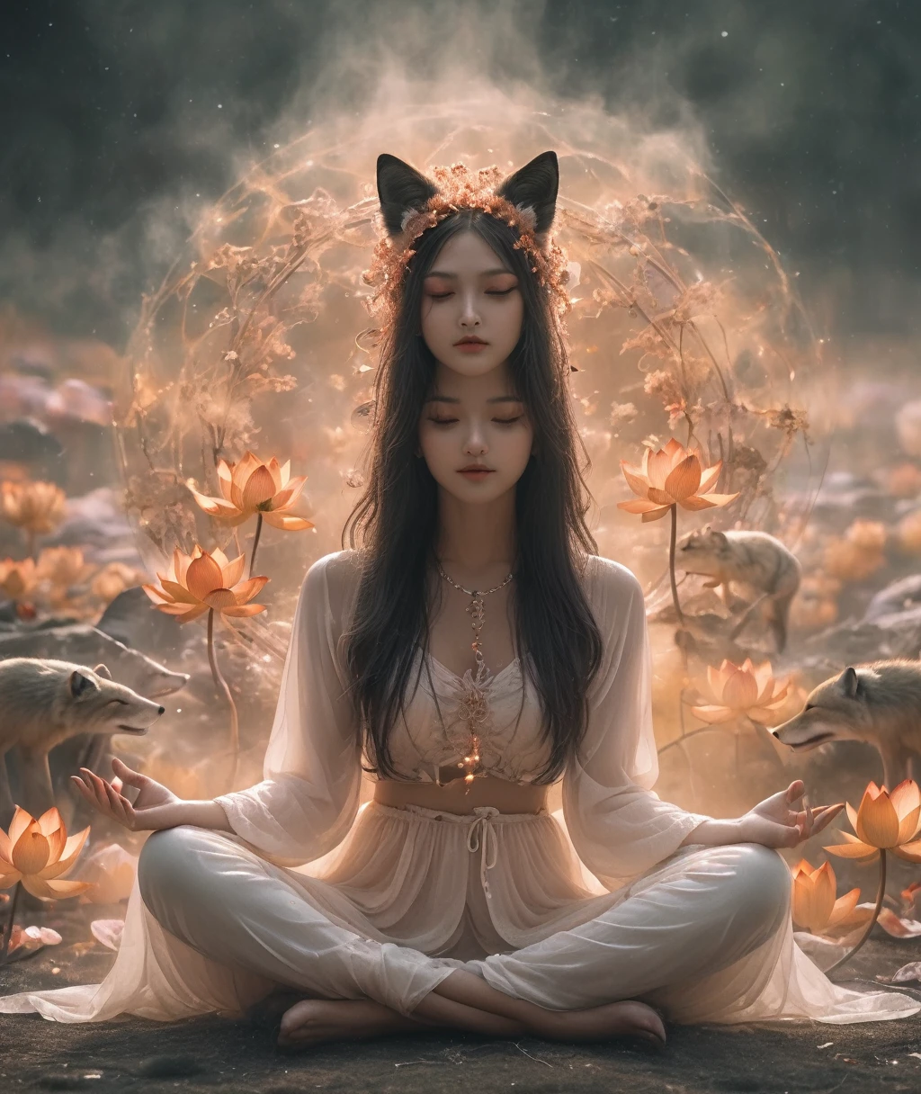 Lotus pose girl full body photography,Anatomically correct,Raw, Filming, (Be focused:1.5), (Reality:1.4), Dusk lighting, Volumetric Lighting, Ultra-high resolution, 16K,Dramatic Lighting, White background:1.5)(tangled,Mandala,dispute,Entanglement:0.7)Fox Demon,Fox Mask,short jacket, Foxfire Curse, fox family, Transformation, Depth of Field, Dreamy atmosphere, The most beautiful chaos, grace, Brutalist Design Dark Theme, Flower of Death, Flowers of ecstasy,Glowing Line,Glow Example,Tracking Example,flash, Backlight,translucent,Light Particles,HILL,exit