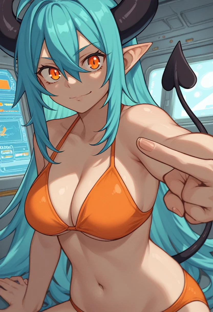 score_9, score_8_up, score_7_up,1 daemon woman, straight demon horns, (black horns),(upward-pointing horns) , vertical horns, black demon tail, (aquamarine hair),aquamarine green color hair,ahoge, long hair, (long hair),bangs, light orange bikini,bikini is orange, bikini orange, orange bikini!, (orange eyes), background is spaceship, orange eyes, 1woman ,facing viewer, daemon girl, bubbles, tube, close up,Well-endowed, alone,Spacecraft interior