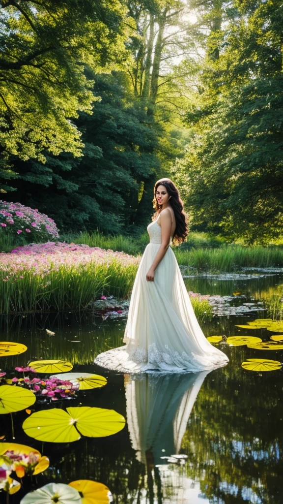 **Prompt for a Realistic Image: Beautiful American Lady in a Pond with Flowers**

Create an ultra-realistic, high-resolution image of a very beautiful American lady standing gracefully in a serene pond. The scene is artistically illustrated to highlight both the natural beauty of the surroundings and the elegance of the woman.

The scene includes:
- **The lady**: She has long, flowing hair cascading down her back, with soft waves catching the gentle light. She wears a delicate, flowing dress that clings to her form, slightly wet from the pond, accentuating her graceful posture. Her expression is serene and reflective, with a gentle smile playing on her lips.
- **The pond**: Crystal-clear water with a mirror-like surface, reflecting the lady and the surrounding flora. The water is shallow, gently rippling around her feet.
- **Flowers**: A variety of vibrant flowers bloom near the pond's edge and some float delicately on the water’s surface. Lilies, lotus flowers, and colorful wildflowers create a lush, enchanting atmosphere.
- **Background**: Lush greenery surrounds the pond, with tall trees whose branches form a natural canopy. Sunlight filters through the leaves, casting dappled light and creating a magical, ethereal glow.
- **Additional elements**: Delicate dragonflies and butterflies flit around, adding a touch of whimsy. Soft petals occasionally fall from the flowers, drifting gently in the air.

The overall composition exudes a sense of tranquility, natural beauty, and elegance, capturing the harmonious connection between the lady and her serene, flower-filled environment.