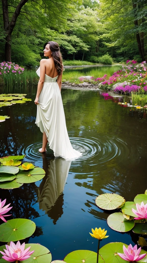 **Prompt for a Realistic Image: Beautiful American Lady in a Pond with Flowers**
Create an ultra-realistic, high-resolution image of a very beautiful American lady standing gracefully in a serene pond. The scene is artistically illustrated to highlight both the natural beauty of the surroundings and the elegance of the woman.
The scene includes:
- **The lady**: She has long, flowing hair cascading down her back, with soft waves catching the gentle light. She wears a delicate, flowing dress that clings to her form, slightly wet from the pond, accentuating her graceful posture. Her expression is serene and reflective, with a gentle smile playing on her lips.
- **The pond**: Crystal-clear water with a mirror-like surface, reflecting the lady and the surrounding flora. The water is shallow, gently rippling around her feet.
- **Flowers**: A variety of vibrant flowers bloom near the pond's edge and some float delicately on the water’s surface. Lilies, lotus flowers, and colorful wildflowers create a lush, enchanting atmosphere.
- **Background**: Lush greenery surrounds the pond, with tall trees whose branches form a natural canopy. Sunlight filters through the leaves, casting dappled light and creating a magical, ethereal glow.
- **Additional elements**: Delicate dragonflies and butterflies flit around, adding a touch of whimsy. Soft petals occasionally fall from the flowers, drifting gently in the air.
The overall composition exudes a sense of tranquility, natural beauty, and elegance, capturing the harmonious connection between the lady and her serene, flower-filled environment.