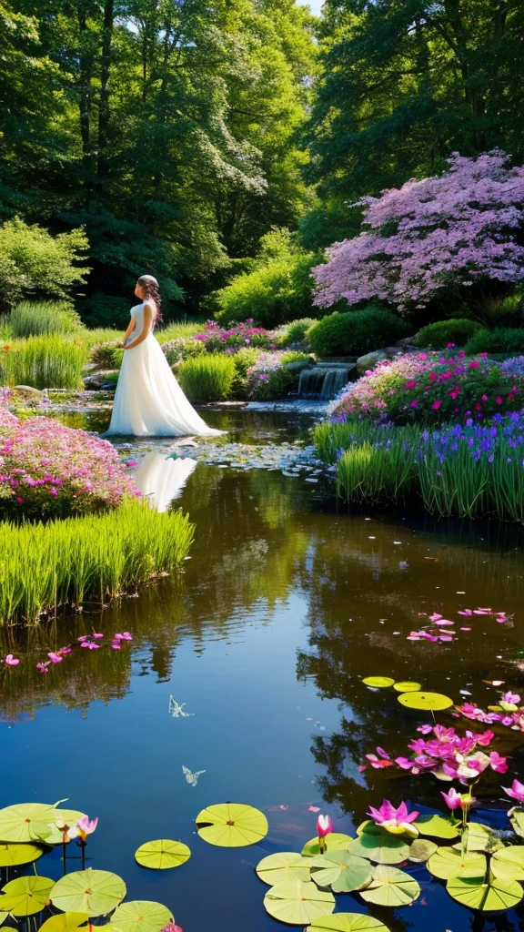 **Prompt for a Realistic Image: Beautiful American Lady in a Pond with Flowers**

Create an ultra-realistic, high-resolution image of a very beautiful American lady standing gracefully in a serene pond. The scene is artistically illustrated to highlight both the natural beauty of the surroundings and the elegance of the woman.

The scene includes:
- **The lady**: She has long, flowing hair cascading down her back, with soft waves catching the gentle light. She wears a delicate, flowing dress that clings to her form, slightly wet from the pond, accentuating her graceful posture. Her expression is serene and reflective, with a gentle smile playing on her lips.
- **The pond**: Crystal-clear water with a mirror-like surface, reflecting the lady and the surrounding flora. The water is shallow, gently rippling around her feet.
- **Flowers**: A variety of vibrant flowers bloom near the pond's edge and some float delicately on the water’s surface. Lilies, lotus flowers, and colorful wildflowers create a lush, enchanting atmosphere.
- **Background**: Lush greenery surrounds the pond, with tall trees whose branches form a natural canopy. Sunlight filters through the leaves, casting dappled light and creating a magical, ethereal glow.
- **Additional elements**: Delicate dragonflies and butterflies flit around, adding a touch of whimsy. Soft petals occasionally fall from the flowers, drifting gently in the air.

The overall composition exudes a sense of tranquility, natural beauty, and elegance, capturing the harmonious connection between the lady and her serene, flower-filled environment.