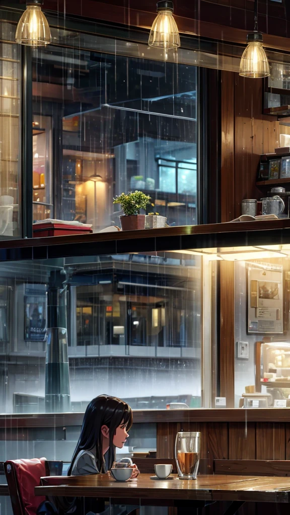 Lonely cafe on a rainy afternoon: the girl spends a lonely afternoon in a cozy cafe, watching the rain fall outside while drinking a hot coffee looking at your computer. atmosphere of serenity and conviviality (melhor qualidade), (8k resolution), (ultra highres)