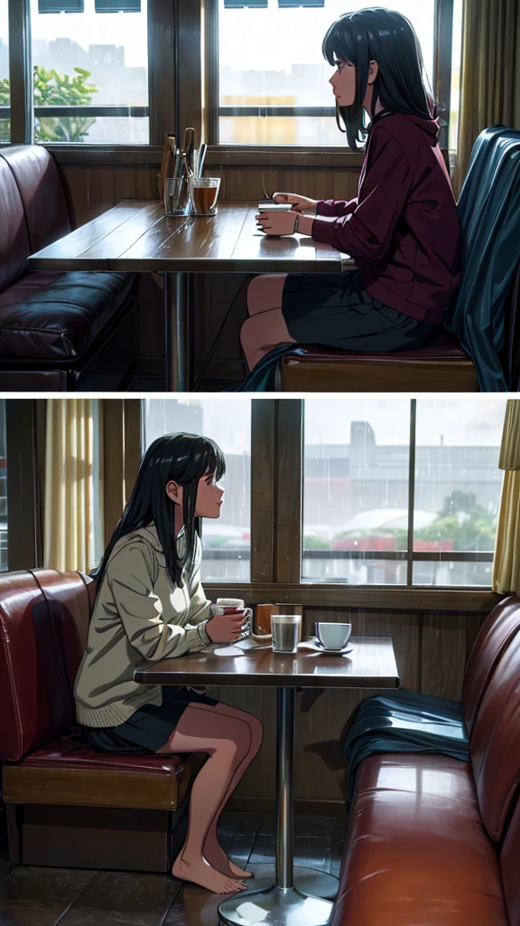Lonely cafe on a rainy afternoon: the girl spends a lonely afternoon in a cozy cafe, watching the rain fall outside while drinking a hot coffee looking at your computer. atmosphere of serenity and conviviality (melhor qualidade), (8k resolution), (ultra highres)