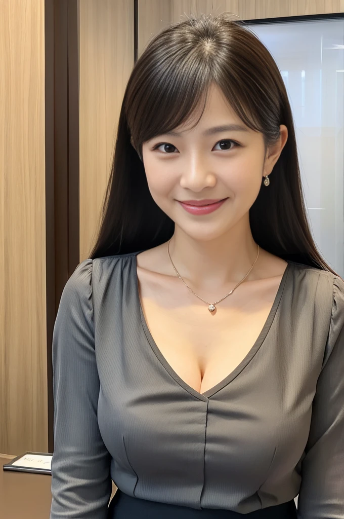 ((Highest quality)), ((masterpiece)), (detailed),Perfect Face,Japanese,Fair skin,Upper Body,skirt,Long Hair,Office Lady,Women's Ana Style,smile,Cleavage,blouse,Mature Woman