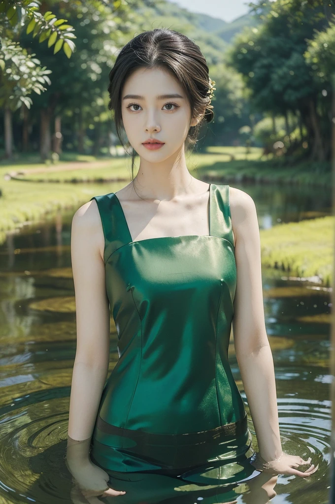(((best quality))),(((ultra detailed))),(((masterpiece))),illustration,1 beautiful girl,slim,flat chest,short red qipao,bare arms,standing in green paddy pool,upper body,elegant, clear sky, sunlight, dreamy, contrast, natural,Chinese rural landscape,The body below the chest is in water
