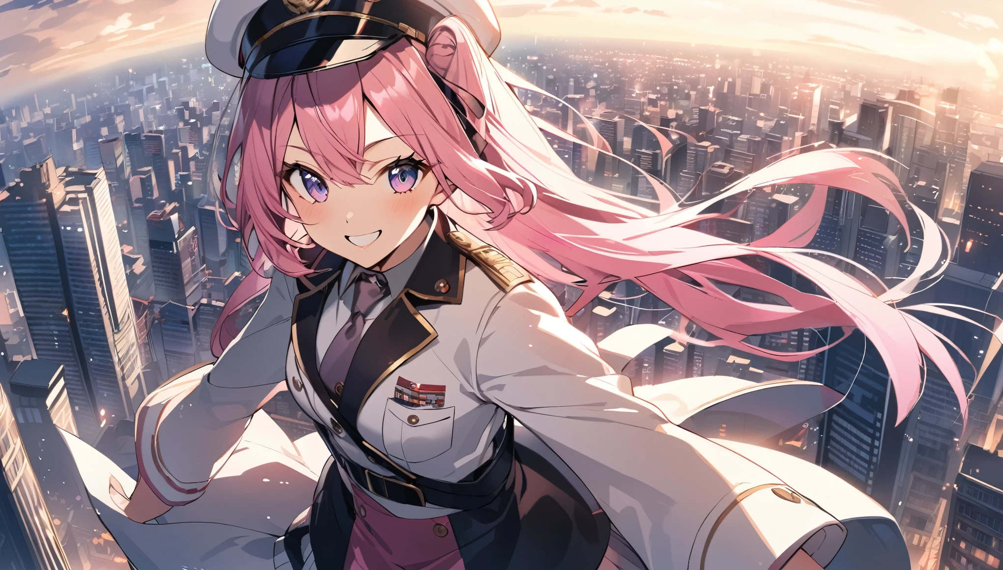 Anime girl in uniform,Long Pink Hair,City,smile