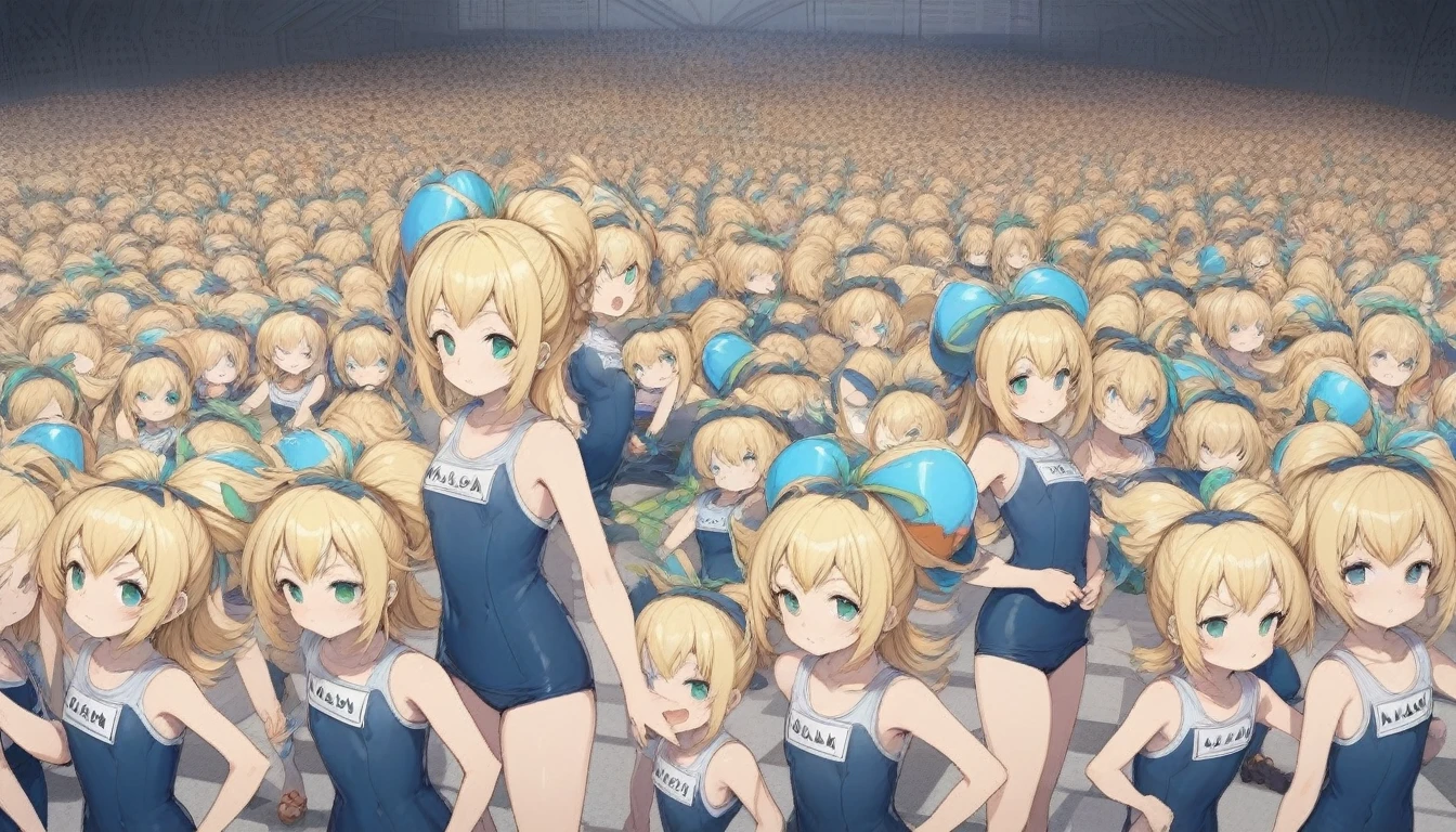 20000+ clone girls, roll(mega man classic),swimsuit roll(mega man x dive old design),mega man x dive, Short stature,flat chest,clone girls,extremely number of clone girls, blond hair, green eyes,high ponytail hair,Sleeveless navy one piece old type school swimsuit with white stripes from armpit to flank,white name tag, navy heeled sandals, green ribbon,human appearance,same height,same appearance, same face,fill the entire image, absolutely everyone, many clone, perfect features,multiple clone girls,same school swimsuit,same hair,official art,girls only,extremely full of extremely crammed,huge crowd,densely packed, masterpiece, best quality,insanely detailed