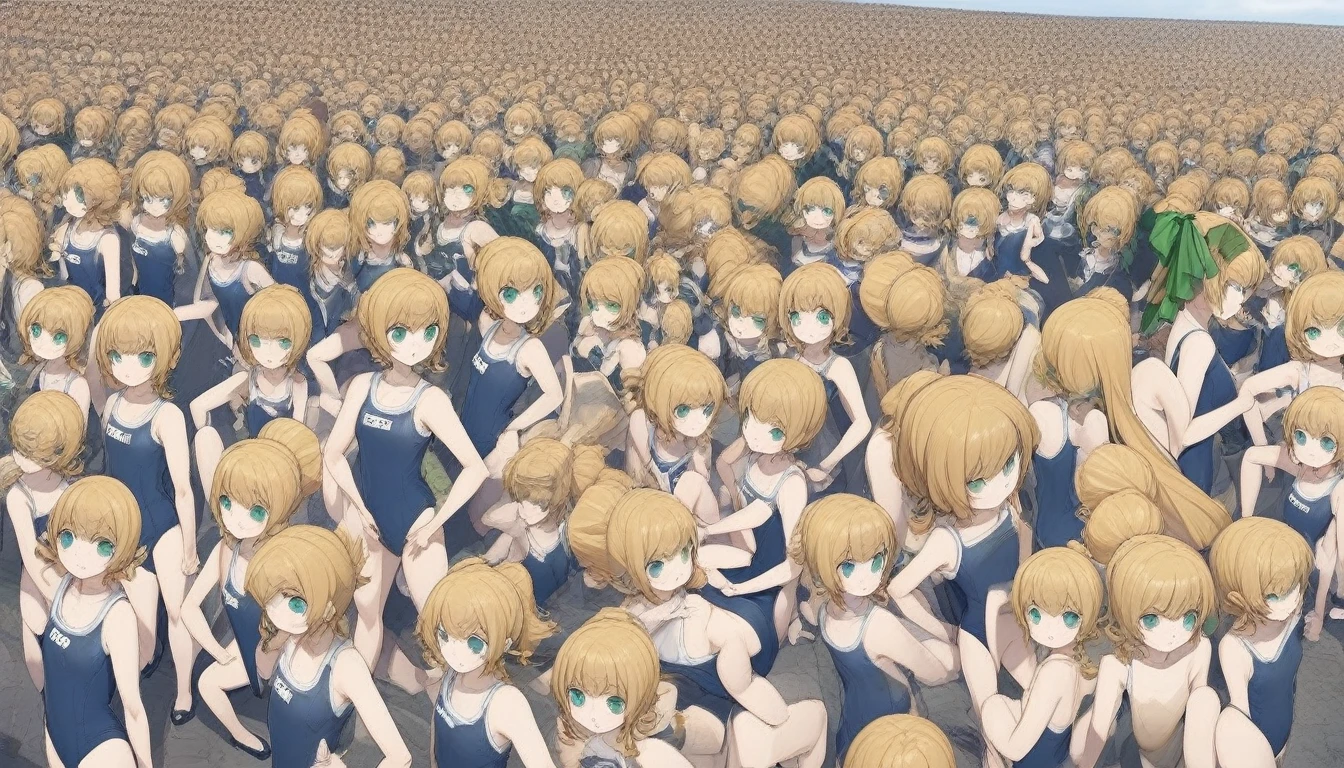 20000+ clone girls, roll(mega man classic),swimsuit roll(mega man x dive old design),mega man x dive, Short stature,flat chest,clone girls,extremely number of clone girls, blond hair, green eyes,high ponytail hair,Sleeveless navy one piece old type school swimsuit with white stripes from armpit to flank,white name tag, navy heeled sandals, green ribbon,human appearance,same height,same appearance, same face,fill the entire image, absolutely everyone, many clone, perfect features,multiple clone girls,same school swimsuit,same hair,official art,girls only,extremely full of extremely crammed,huge crowd,densely packed, masterpiece, best quality,insanely detailed