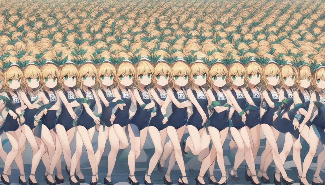 20000+ clone girls, roll(mega man classic),swimsuit roll(mega man x dive old design),mega man x dive, Short stature,flat chest,clone girls,extremely number of clone girls, blond hair, green eyes,high ponytail hair,Sleeveless navy one piece old type school swimsuit with white stripes from armpit to flank,white name tag, navy heeled sandals, green ribbon,human appearance,same height,same appearance, same face,fill the entire image, absolutely everyone, many clone, perfect features,multiple clone girls,same school swimsuit,same hair,official art,girls only,extremely full of extremely crammed,huge crowd,densely packed, masterpiece, best quality,insanely detailed