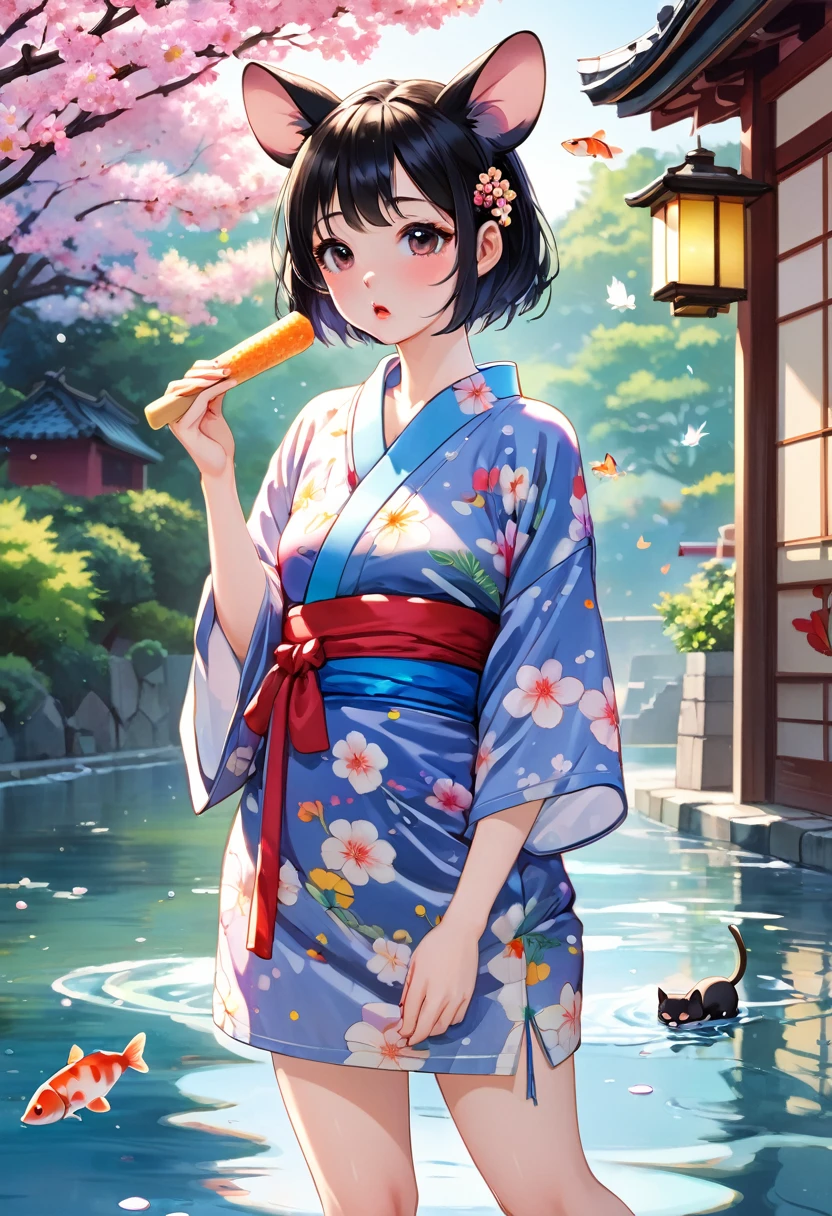 (Yumeji Takehisa style:1.2) , Hallucination, daydream , nightmare , Insane Dream , bokeh , erotica , romance , realistic mouse nymph and realistic cat , yukata , Petals fluttering down , Single eyelids, round nose, swollen cheeks , glossy lips , licking popsicle , Collarbone , Disheveled Hair , (Water up to the ankle:0.85) , Scorching Heat summer , Roll up the hem to expose your knees , A cool scene in the hot summer