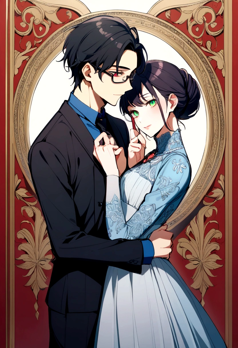 boy, Wearing glasses and a blue shirt,Black Pants,Pink and black hair , Red Eye, Green Eyes