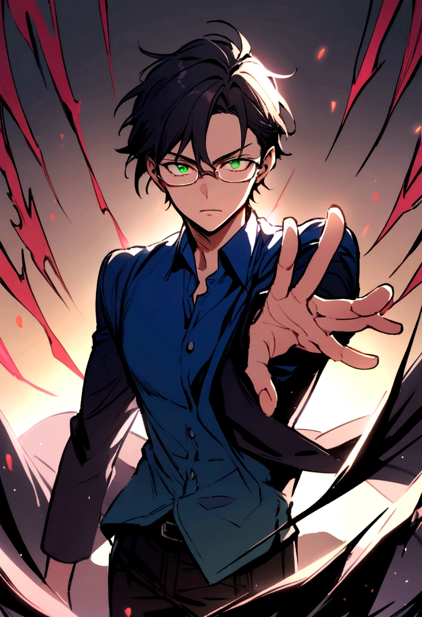 boy, Wearing glasses and a blue shirt,Black Pants,Pink and black hair , Red Eye, Green Eyes
