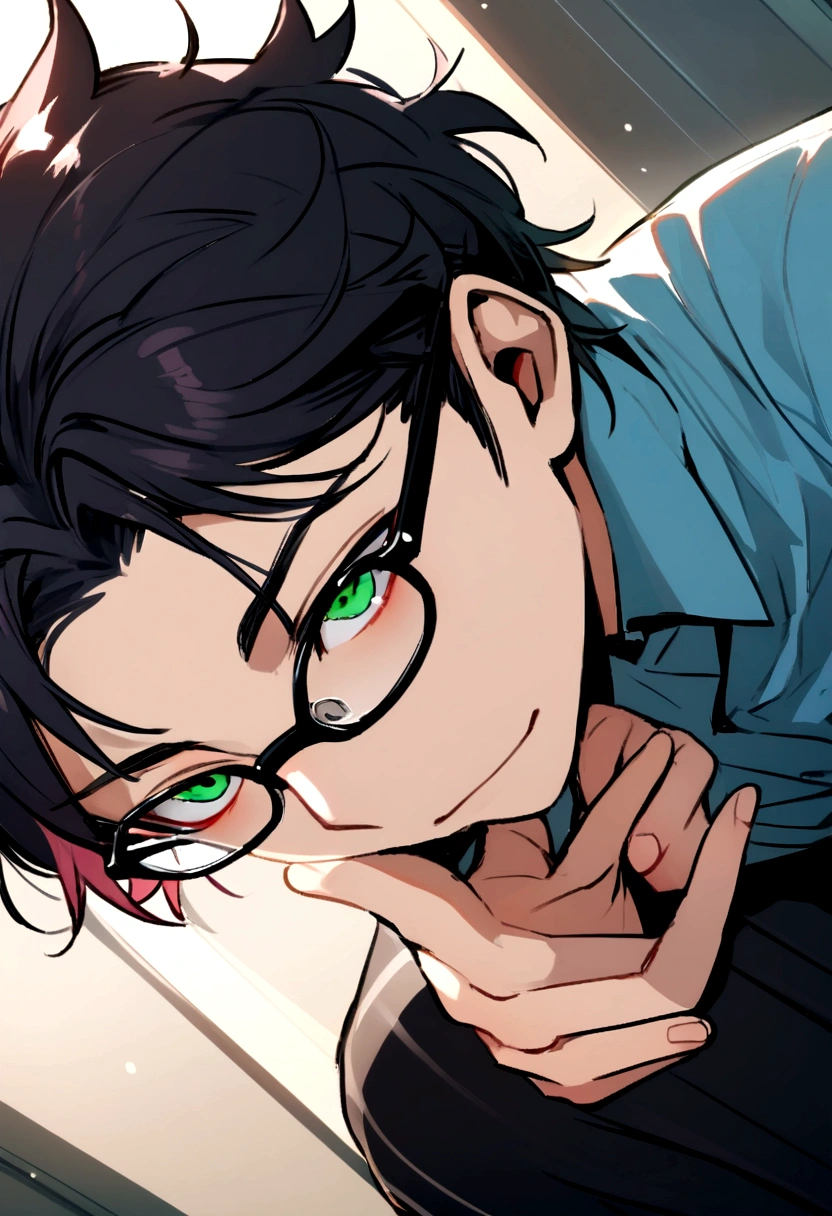 boy, Wearing glasses and a blue shirt,Black Pants,Pink and black hair , Red Eye, Green Eyes