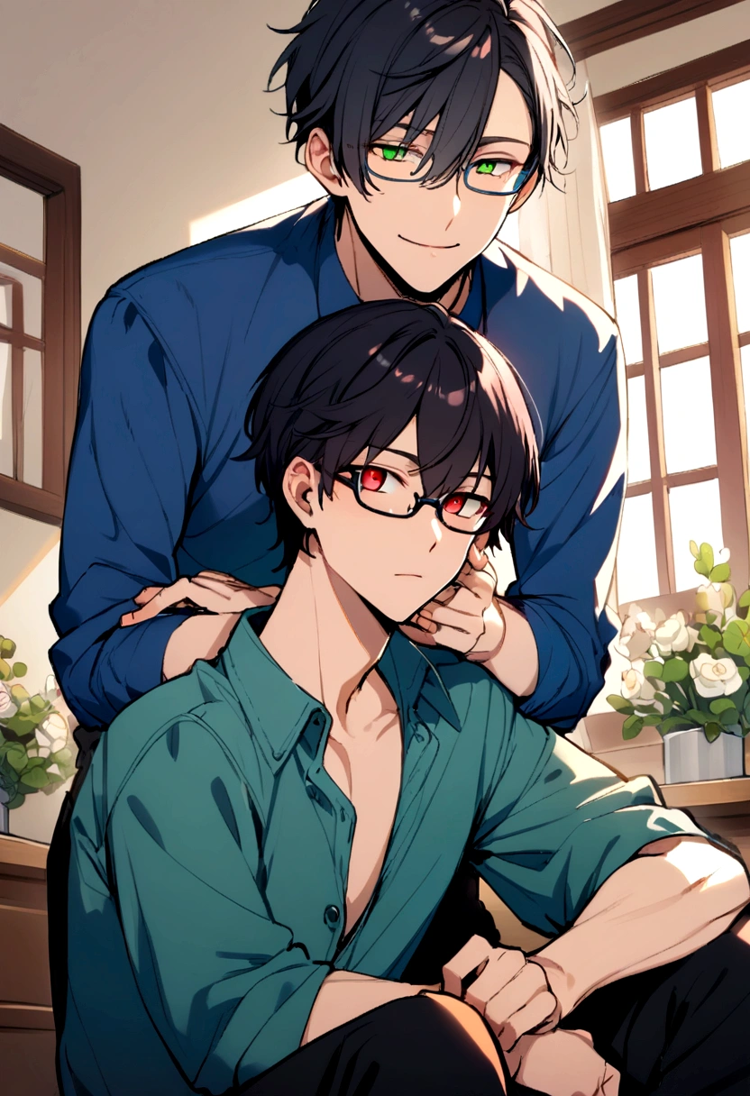 boy, Wearing glasses and a blue shirt,Black Pants,Pink and black hair , Red Eye, Green Eyes