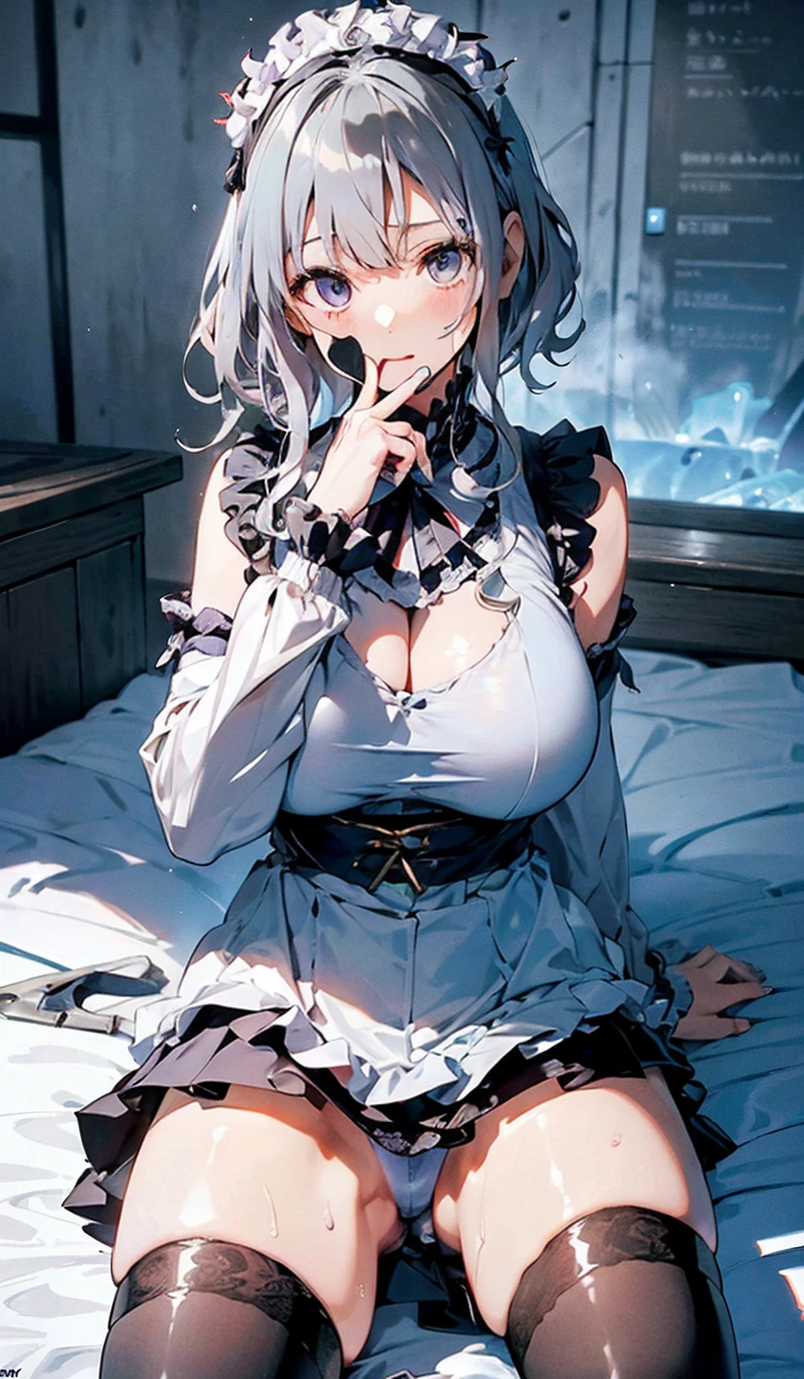 NSFW,BREAK (((Peeing:1.5、Pee:1.5))),(official art、highest quality、Unity 8k wallpaper、32k:1.3、masterpiece、super detailed、超high resolution、realistic、Photoreal:1.2)、(cinematic lighting:1.2)、fire glow effect、film grain、best shadows、rim lighting、side light、(Super detailed and complex 3D rendering)、beautiful background、detailed beautiful face and eyes、(Beautiful and sharp pupilasterpiece, high resolution、highest quality, Ultra - High resolution, maximum resolution, very detailed, professional lighting, beautiful skin,BREAK, (Perfect hands, Perfect Anatomy,Detailed Eyes:1.5,Fine eyes:1.5),(((hyoudou michiru, 独奏, black thighhighs, black skirt, , frilled skirt, detached sleeves, sleeveless shirt, white shirt, red ribbon ,maid headdress))), (((Focus on the chest、Pay attention to the panties))),BREAK, (((Surprisingly huge amounts of semen on head, chest and thighs))),Thick outline:1.3、Fine contours,BREAK (((非常にFine eyes、Eyes that reflect the light and shine beautifully:1.3、Highly detailed face、Clear Eyes)))、Beautiful Skin、Fair skin、bright、(((Beautiful silver hair:1.3))),BREAK (((6 years old:1.3))),Detailed face, Detailed skin, Detailed clothing, Detailed fingers, Toned Legs,Small waist、Attractive thighs、Amazingly thin legs、Incredibly slim thighs、smooth and beautiful thighs、 Beautiful legs with less unevenness、Her thighs are wet with an amazing amount of semen, BREAK Extremely heavy sweating,(((Amazingly large breasts:1.3、Amazingly plump and big breasts:1.5,Big Tits:1.5,Beautiful breasts、Beautiful breastsの形、Pointed Chest、The tip of the chest is sharp、Amazingly huge amount of cum and very wet all over the boobs:1.3))),BREAK (((spread your legs to the sides,:1.3,Spread your legs out to the side at 90 to 120 degrees:1.5)))、Attractive cleavage,Semen accumulation in cleavage、Water dripping from the crotch、BREAK My underwear is soaking wet、BREAK Garter、leg garter、Black knee-high sockini skirt 30cm above the knee、Very small skirt,BREAK (((Small panties exposed:1.3、The crotch of the panties is wet))),BREAK The second, third, and fourth buttons of the shirt are undone、Upper arms exposed、Red collar:1.3,BREAK Brown loafers,BREAK (((Perfect vaginal shape、Fine vagina))),panties around one leg, panties around one ankle ,BREAK (((Open your mouth wide and let out a lot of white saliva:1.5、Detailed Mouth:1.5)))、(((I'm embarrassed and my cheeks are very flushed:1.5)))、Embarrassed and blushing,My cheeks are wet with a lot of sweat,((Lift up your skirt yourself、Lift the hem of a skirt:1.5)),BREAK (((Shooting from below)))、The whole body is visible、 On a luxurious princess bed,(((Urinating、Urine bottle)))、BREAK (((Test:1.5)))