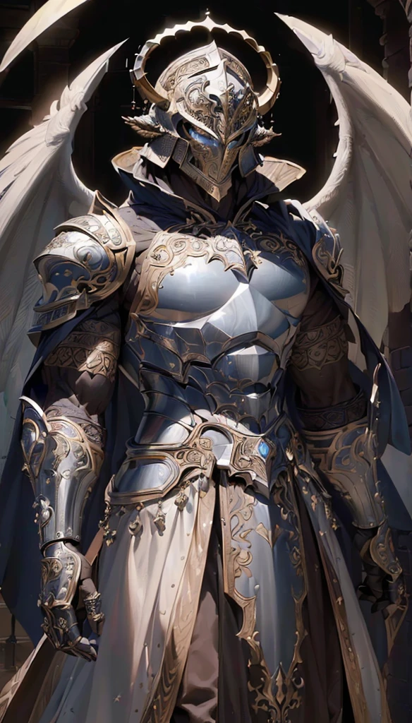 ((Best quality, 8K, masterpiece: 1.4)),((Stunningly detailed: 1.3)),((A high resolution: 1.2)),((The structure is correct1.1)),elegant masculine body, Huge and thick armor,  towering beast-shaped helmet，Wearing a mask，Intricate ornate armor patternidnight，light and shade contrast，Non-human，Full body photo