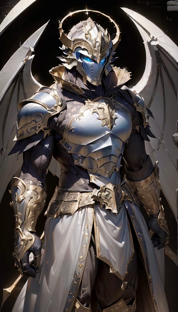 ((Best quality, 8K, masterpiece: 1.4)),((Stunningly detailed: 1.3)),((A high resolution: 1.2)),((The structure is correct1.1)),elegant masculine body, Huge and thick armor, towering beast-shaped helmet,Wearing a mask,Intricate ornate armor patternidnight,light and shade contrast,Non-human,Full body photo