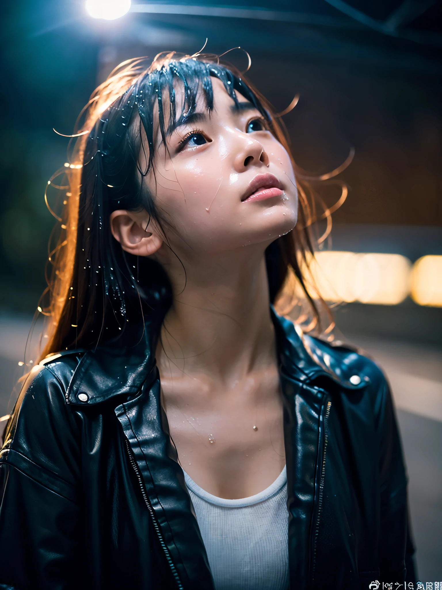 Wet roads ,drenched, Dripping, Wet Face,Wet clothes, Wet Skin, Wet Hair,A young woman with a cute face like a Japanese idol,Looking up at the sky,chest,((Cinema lighting),(Natural light),(High level of artistry),(Artistic),(Quality indistinguishable from real life),RAW Photos,Genuine,Genuine,High resolution,RAW Photos,masterpiece, beautiful